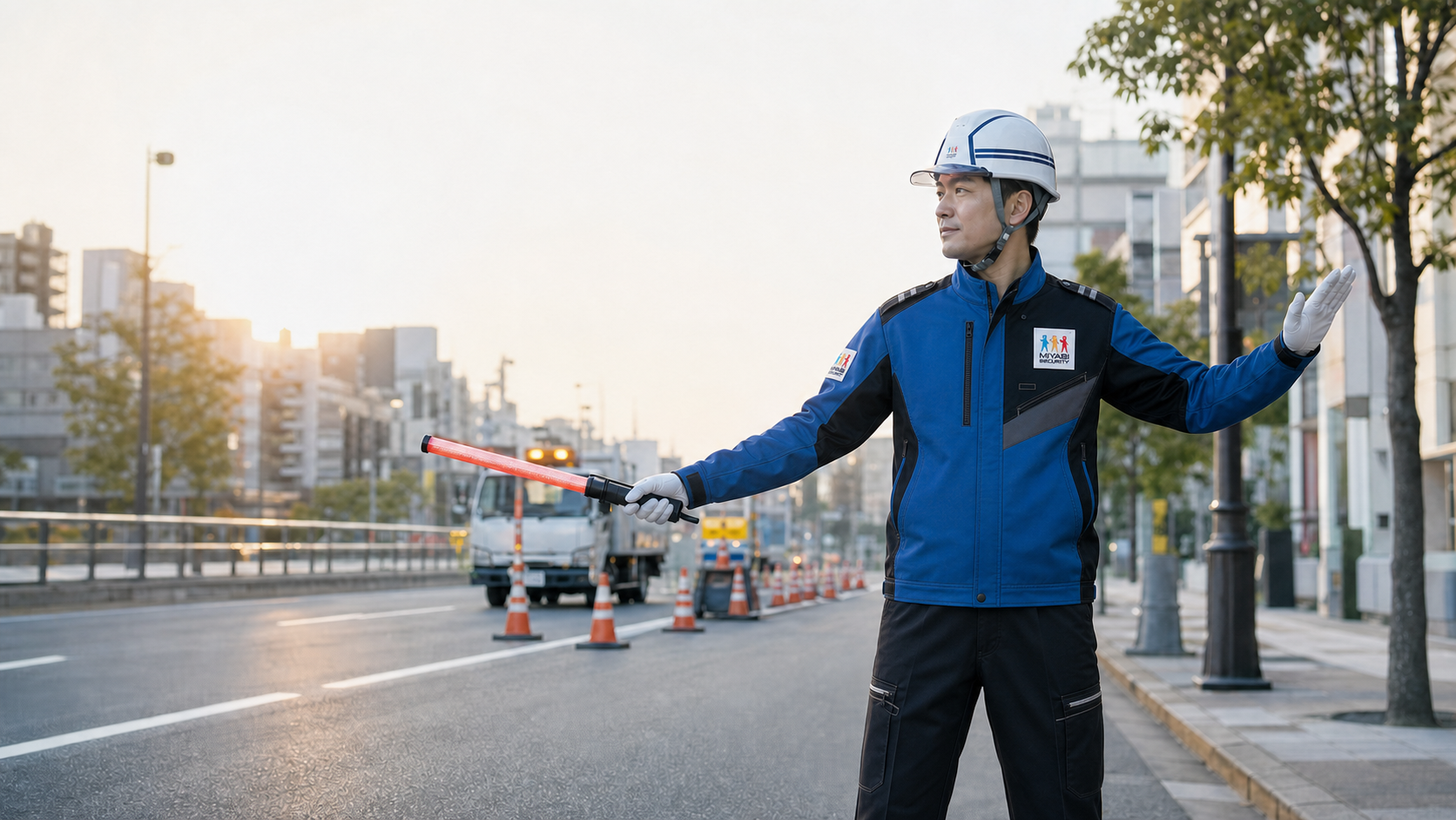 みやび交通警備の青と黒の制服を着用し、街の工事現場で安全に車両を誘導する警備員