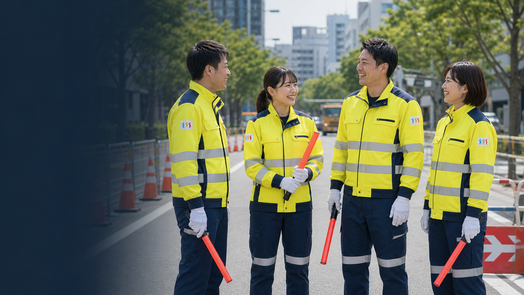 黄色の制服を着たみやび交通警備の男女スタッフが笑顔で談笑している様子